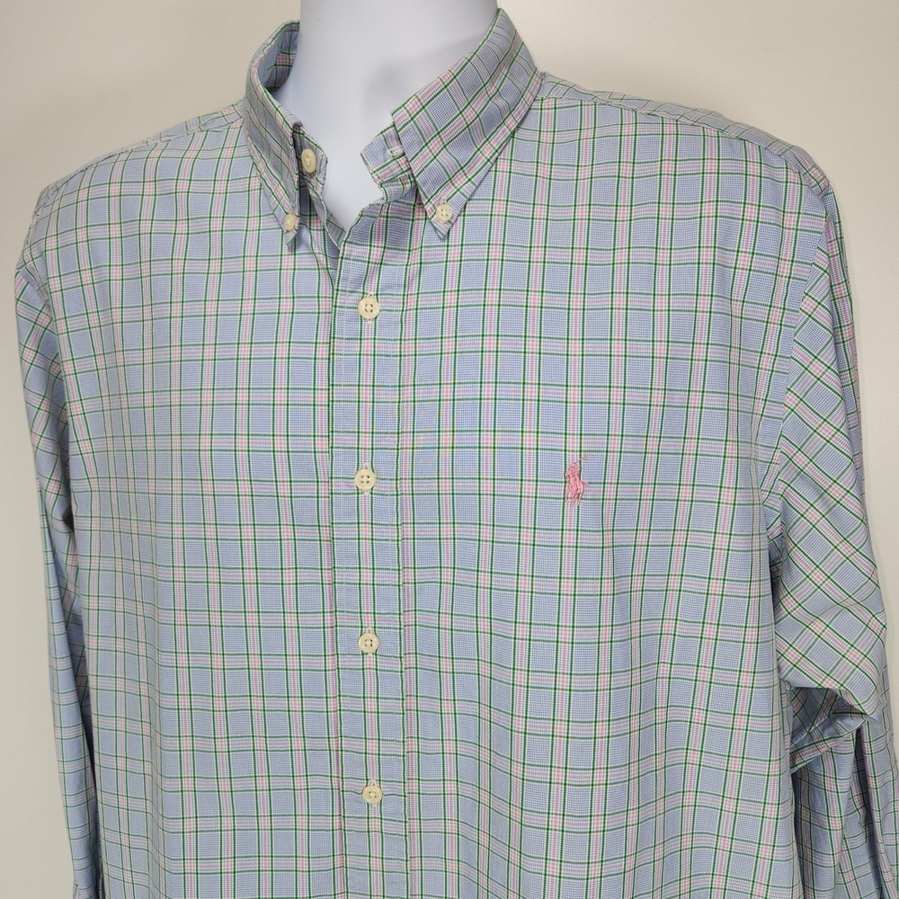 Ralph Lauren Polo Shirt Mens 17 - 32/33 Classic Fit Blue Green PInk Pony Check‎